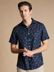 Charles Tyrwhitt Blue Camo Classic Fit Plain Short Sleeve Pure 100% Linen Shirt - Image 1 of 5