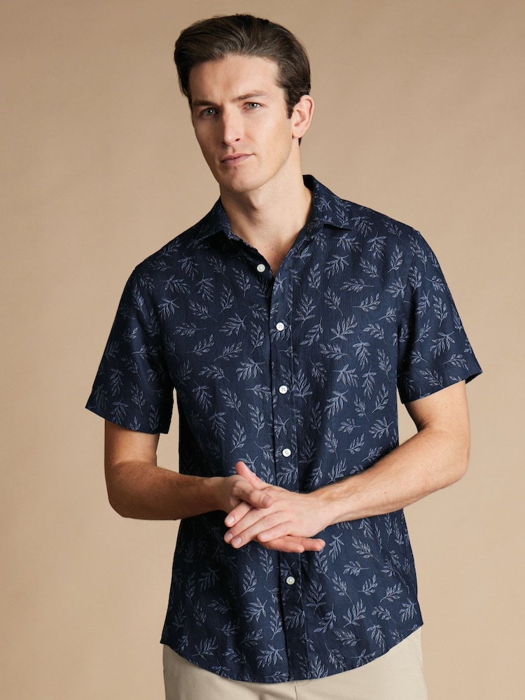 Charles Tyrwhitt Blue Camo Classic Fit Plain Short Sleeve Pure 100% Linen Shirt - Image 1 of 5