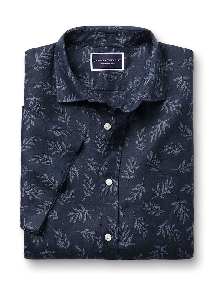Charles Tyrwhitt Blue Camo Classic Fit Plain Short Sleeve Pure 100% Linen Shirt - Image 3 of 5