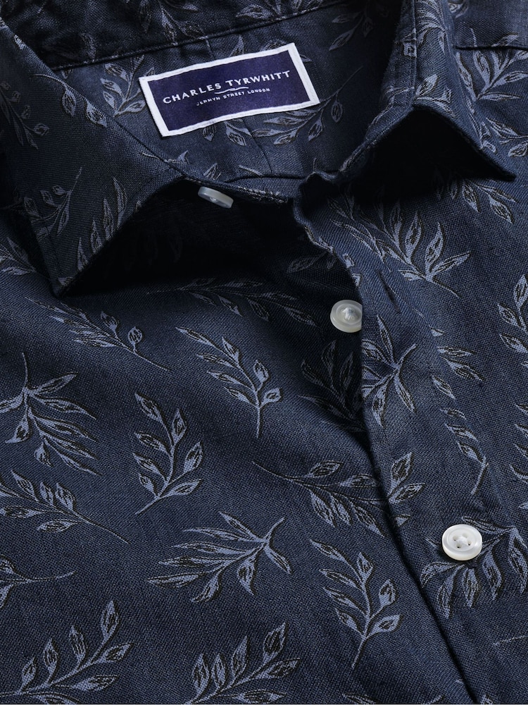 Charles Tyrwhitt Blue Camo Classic Fit Plain Short Sleeve Pure 100% Linen Shirt - Image 5 of 5