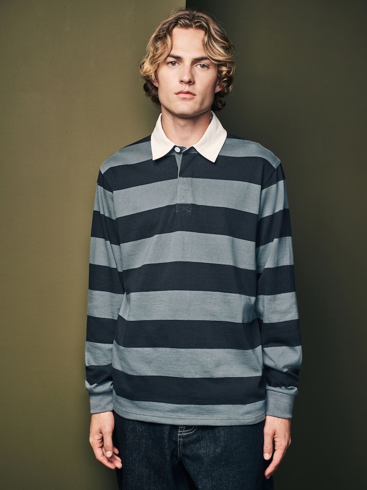 Slate Grey Stripe Long Sleeve Rugby 100% Cotton Shirt - Image 1 of 7