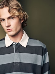 Slate Grey Stripe Long Sleeve Rugby 100% Cotton Shirt - Image 4 of 7