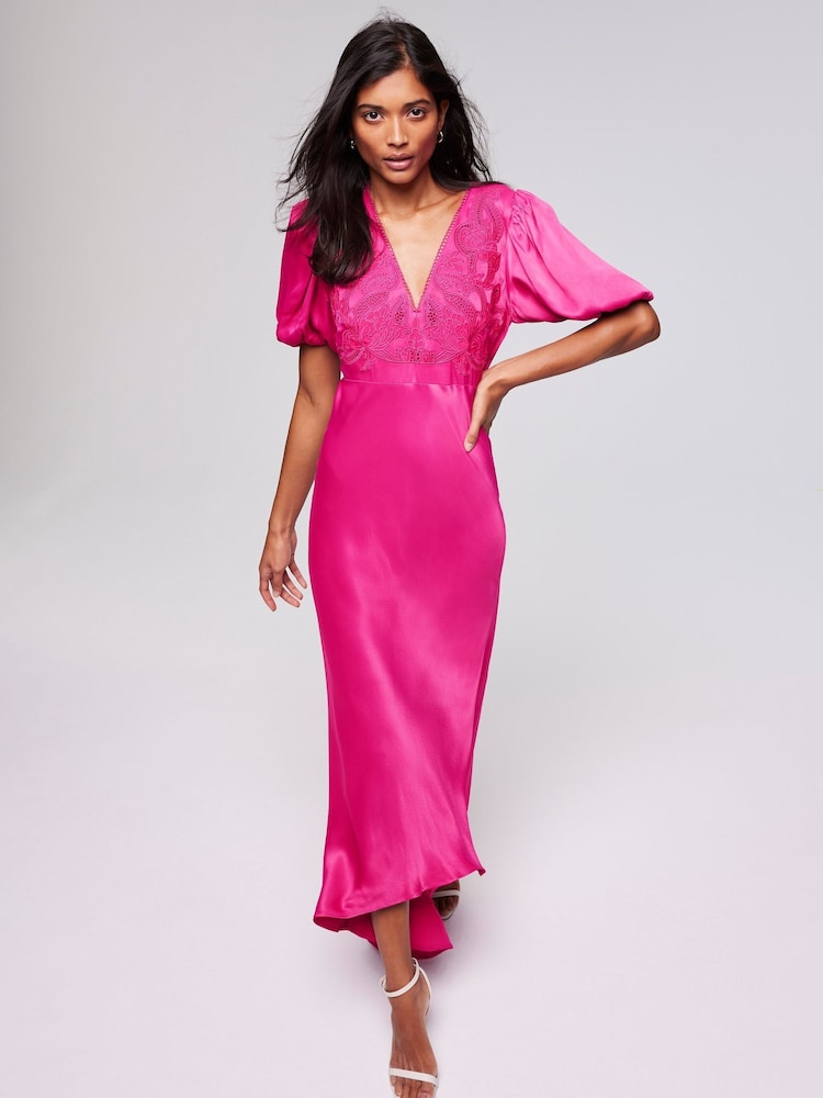 Buy Mint Velvet Pink Lace Puff Sleeve Maxi Dress from the Next UK