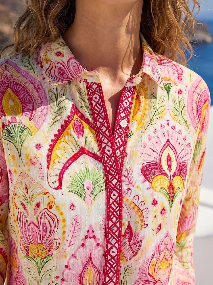 Roman Pink Textured Floral Contrast Blouse - Image 4 of 4 Roman Pink Textured Floral Contrast Blouse - Image 4 of 4