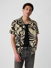 GAP Black Floral Linen Blend Regular Fit Short Sleeve Holiday Shirt - Image 1 of 4