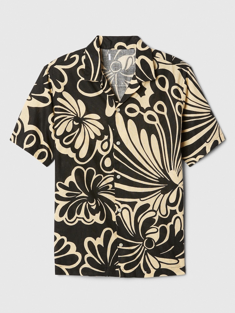 GAP Black Floral Linen Blend Regular Fit Short Sleeve Holiday Shirt - Image 4 of 4