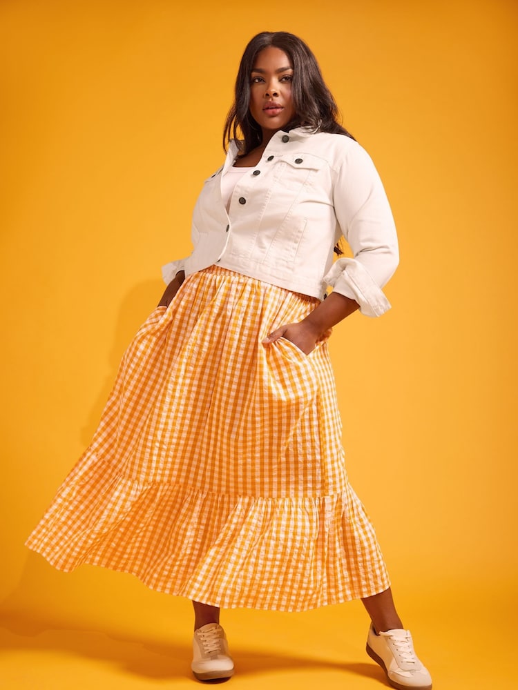 Yours Curve Orange Gingham Tiered Pure 100% Cotton Midi Skirt - Image 1 of 4 Yours Curve Orange Gingham Tiered Pure 100% Cotton Midi Skirt - Image 1 of 4