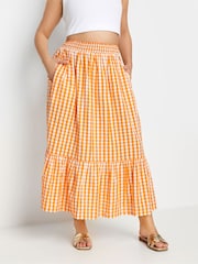 Yours Curve Orange Gingham Tiered Pure 100% Cotton Midi Skirt - Image 2 of 4