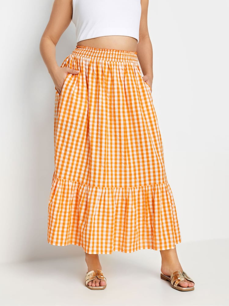 Yours Curve Orange Gingham Tiered Pure 100% Cotton Midi Skirt - Image 2 of 4 Yours Curve Orange Gingham Tiered Pure 100% Cotton Midi Skirt - Image 2 of 4