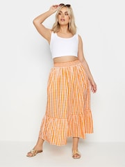 Yours Curve Orange Gingham Tiered Pure 100% Cotton Midi Skirt - Image 3 of 4