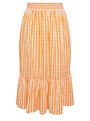 Yours Curve Orange Gingham Tiered Pure 100% Cotton Midi Skirt - Image 4 of 4