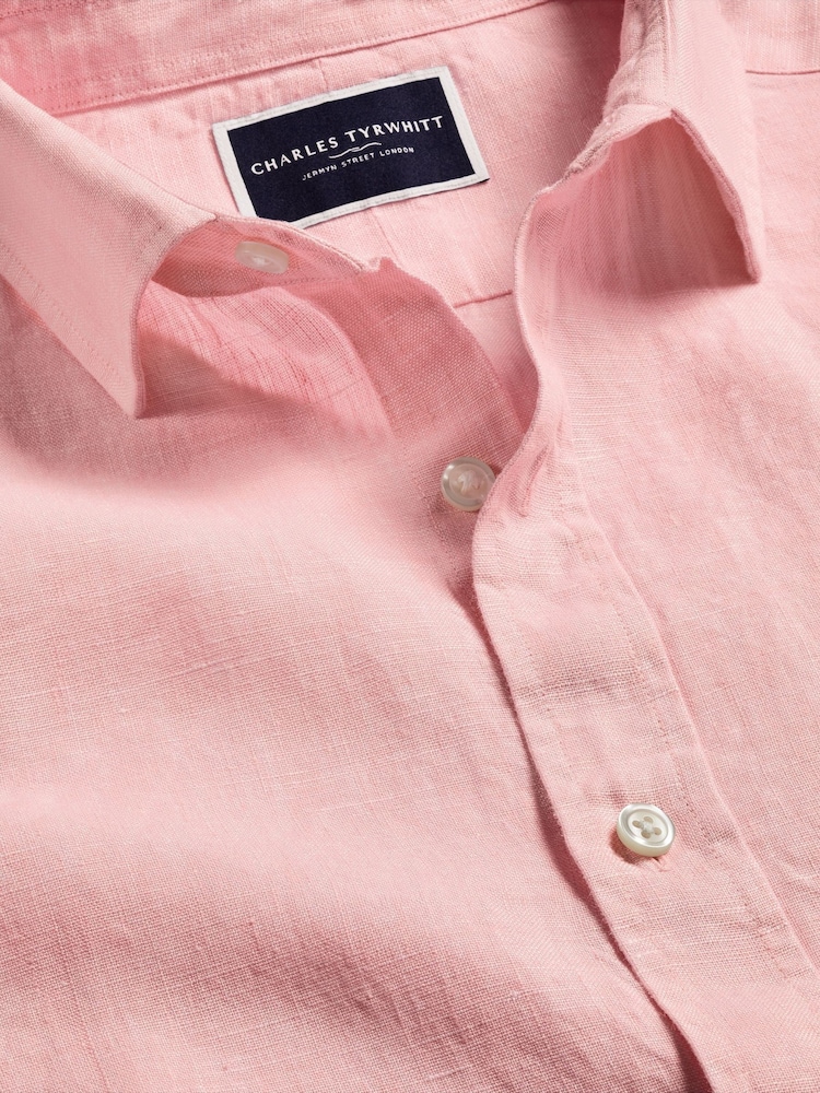 Charles Tyrwhitt Pink Slim Fit Plain Pure 100% Linen Shirt - Image 5 of 6