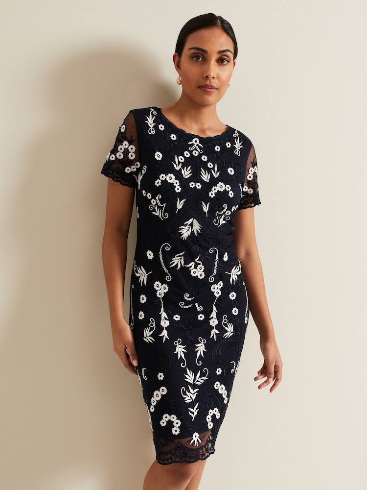 Phase Eight Blue Petite Florisa Embroidered Dress - Image 1 of 6