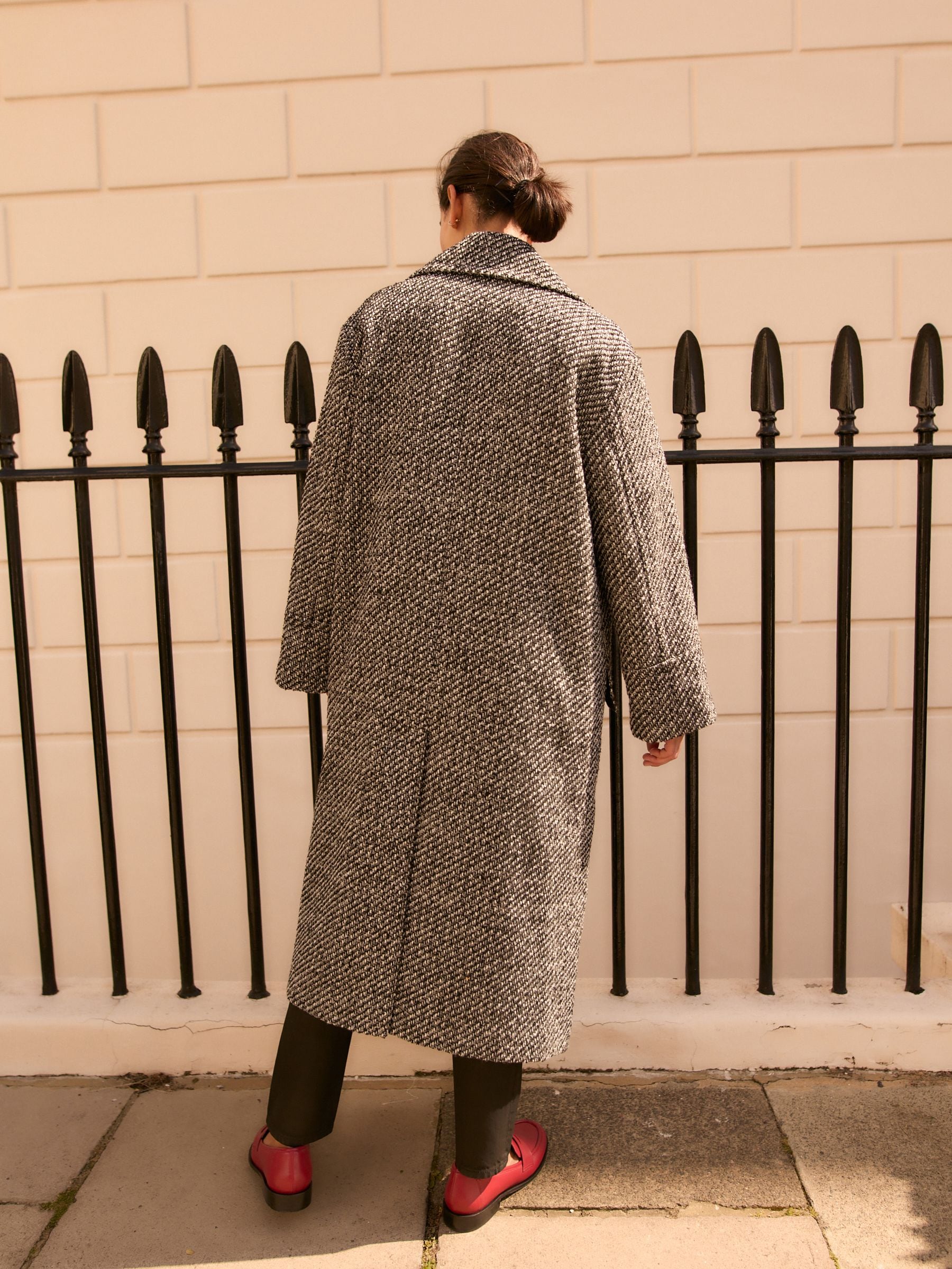 Buy Textured Black/White Fleck Overcoat with Revere Collar