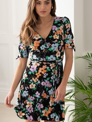 Pour Moi Black Floral Bella Fuller Bust Slinky Stretch Tie Sleeve Mini Dress - Image 1 of 4