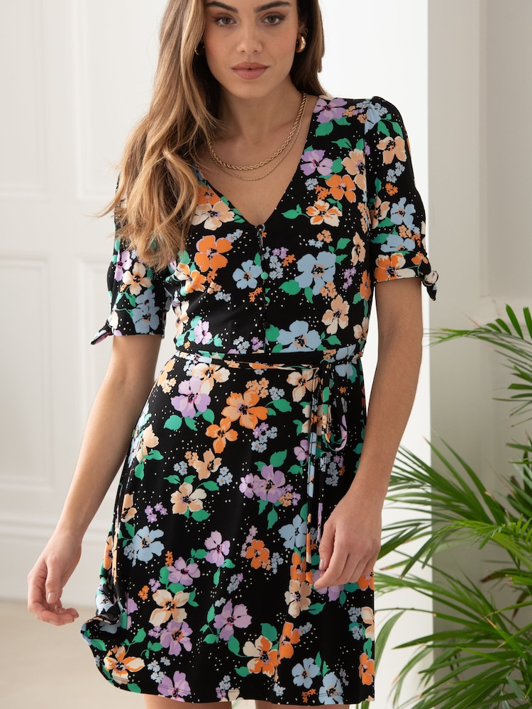 Pour Moi Black Floral Bella Fuller Bust Slinky Stretch Tie Sleeve Mini Dress - Image 1 of 4