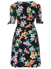 Pour Moi Black Floral Bella Fuller Bust Slinky Stretch Tie Sleeve Mini Dress - Image 4 of 4