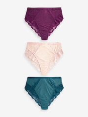 Plum Purple/Teal Blue/Light Pink High Rise High Leg Lace Trim Knickers 3 Pack - Image 1 of 9