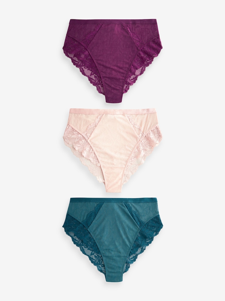 Plum Purple/Teal Blue/Light Pink High Rise High Leg Lace Trim Knickers 3 Pack - Image 1 of 9