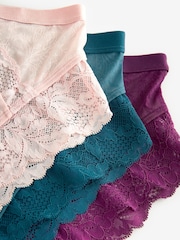 Plum Purple/Teal Blue/Light Pink High Rise High Leg Lace Trim Knickers 3 Pack - Image 8 of 9