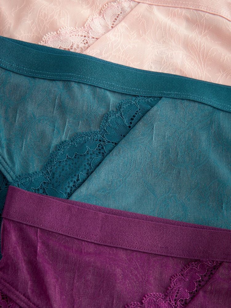 Plum Purple/Teal Blue/Light Pink High Rise High Leg Lace Trim Knickers 3 Pack - Image 9 of 9