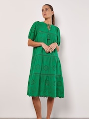 Apricot Green 100% Cotton Broderie Tiered Midi Dress - Image 1 of 4