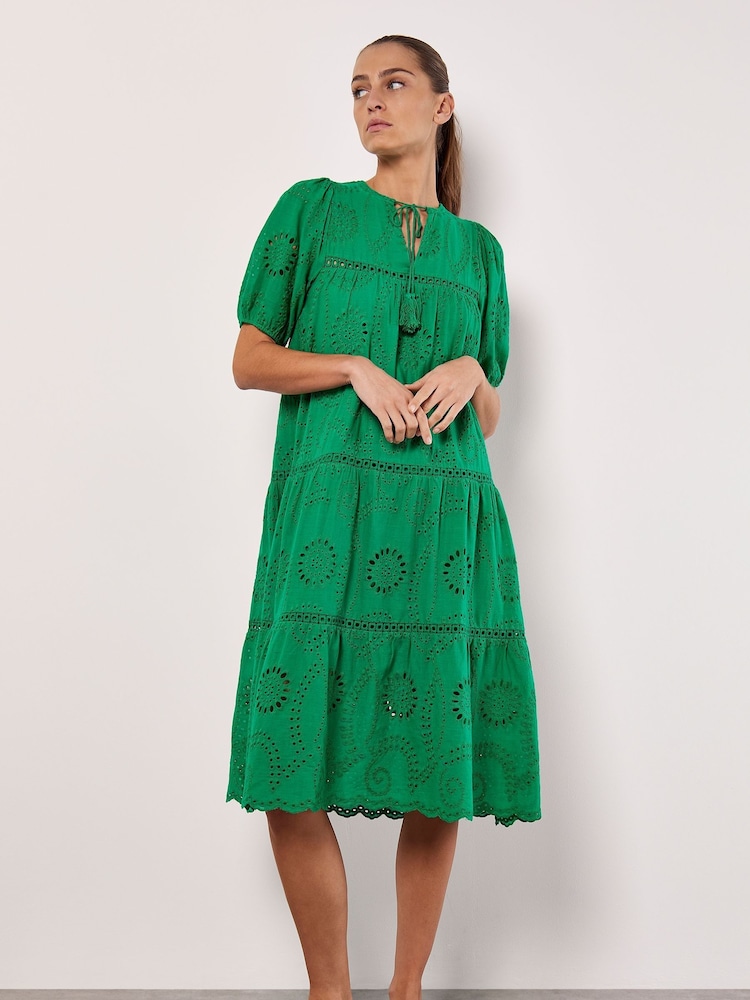 Apricot Green 100% Cotton Broderie Tiered Midi Dress - Image 1 of 4