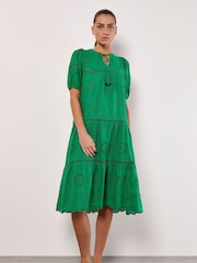 Apricot Green 100% Cotton Broderie Tiered Midi Dress - Image 3 of 4