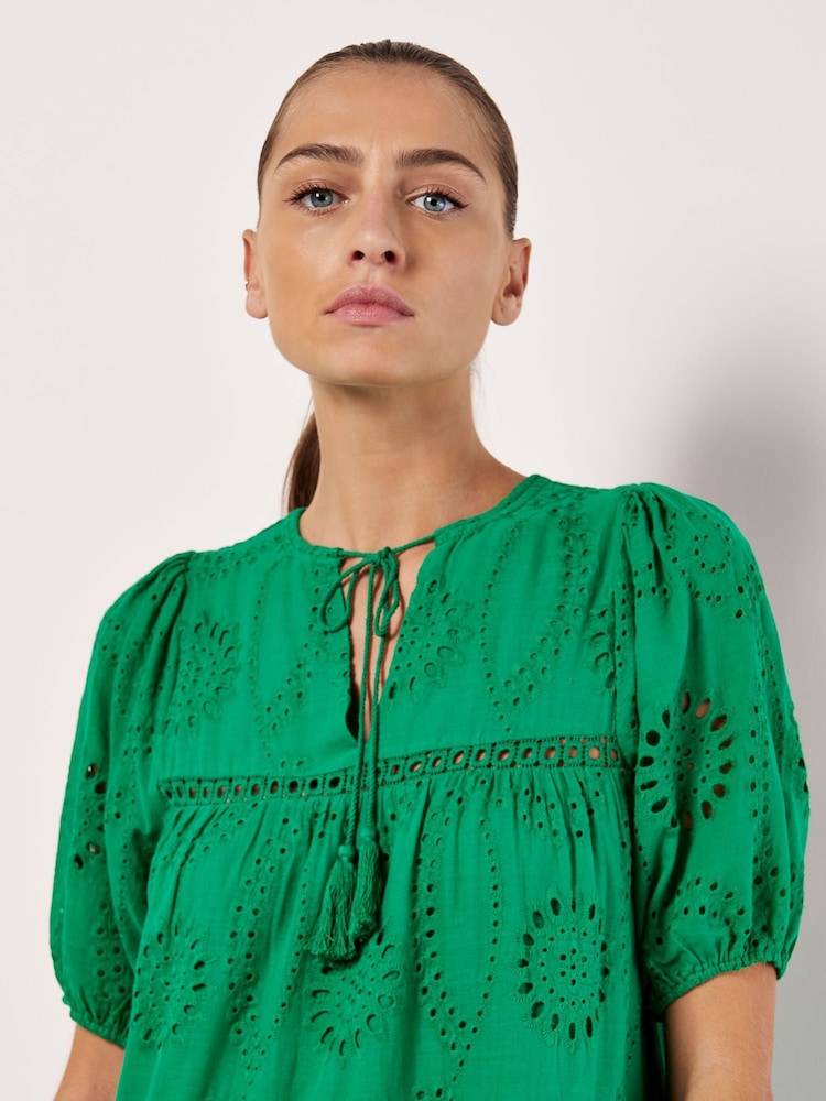 Apricot Green 100% Cotton Broderie Tiered Midi Dress - Image 4 of 4