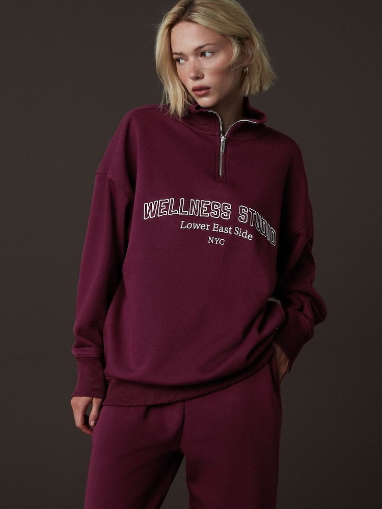 Burgunderrot - Relaxed Fit Quarter Zip Wellness Slogan Graphic Sweatshirt - Image 4 of 7
