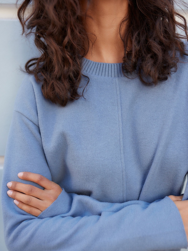Pale Blue Cosy Soft Touch Rib Seam Detail Crew Neck Jumper - Image 4 of 8
