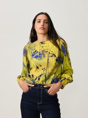 أصفر/أزرق مزيّن بطبعة - Long Sleeve Gathered Sides Blouse - صورة 1 من 9