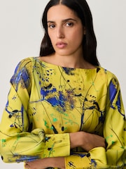 أصفر/أزرق مزيّن بطبعة - Long Sleeve Gathered Sides Blouse - صورة 5 من 9
