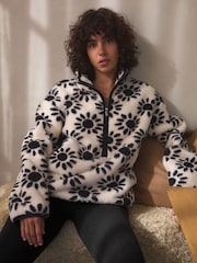 Black & White Floral Print Borg Half Zip Fleece - Image 1 of 7