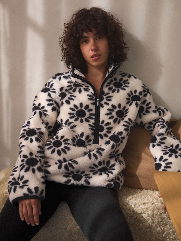 Black & White Floral Print Borg Half Zip Fleece - Image 1 of 7