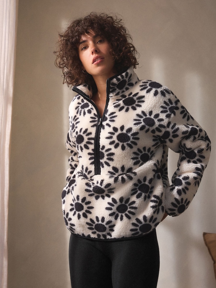 Black & White Floral Print Borg Half Zip Fleece - Image 3 of 7