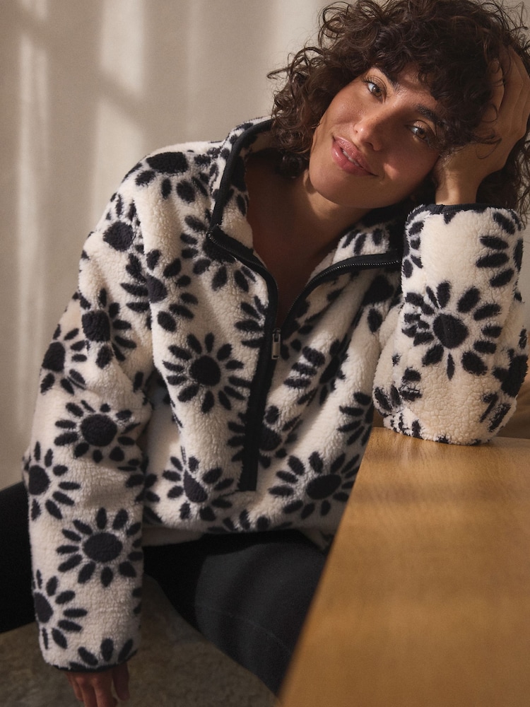 Black & White Floral Print Borg Half Zip Fleece - Image 6 of 7