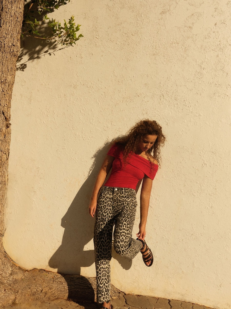 Red Bardot Off The Shoulder Summer Ribbed Top - Image 2 of 7