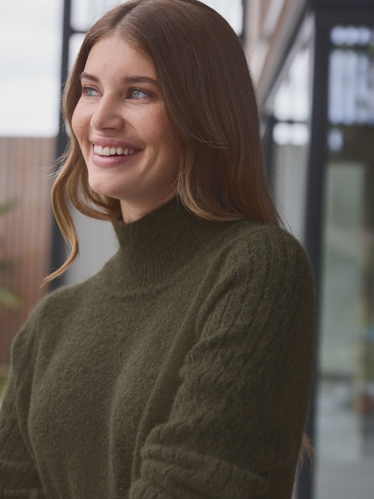 Buy Green Khaki High Neck Long Sleeve Maxi Knitted Jumper Dress