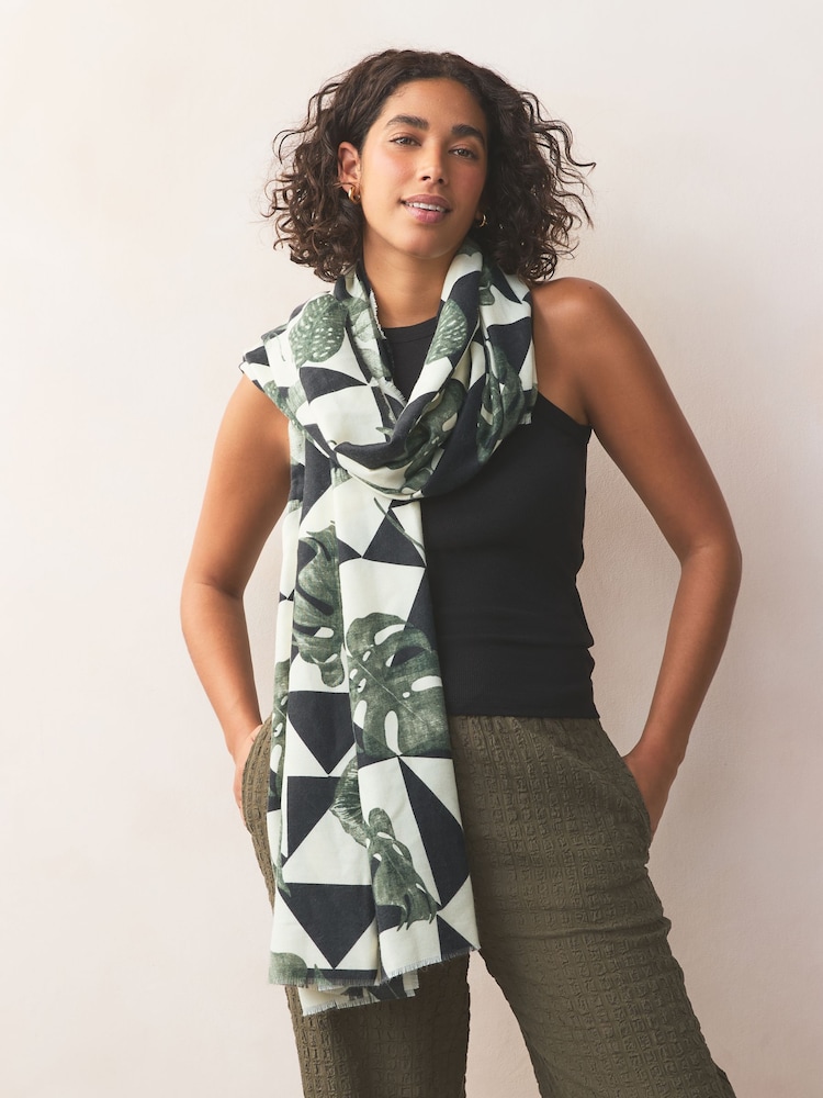 Mono Geometric Leaf Print Midweight Scarf - Image 1 of 7