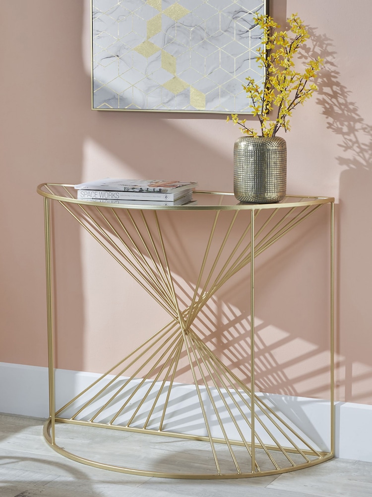 Pacific Glass and Gold Metal Half Moon Console Table - Image 1 of 6