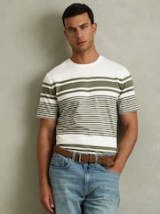 Reiss White/Sage Lory Mercerised Cotton Striped Crew Neck T-Shirt - Image 1 of 5