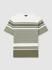 Reiss White/Sage Lory Mercerised Cotton Striped Crew Neck T-Shirt - Image 2 of 5