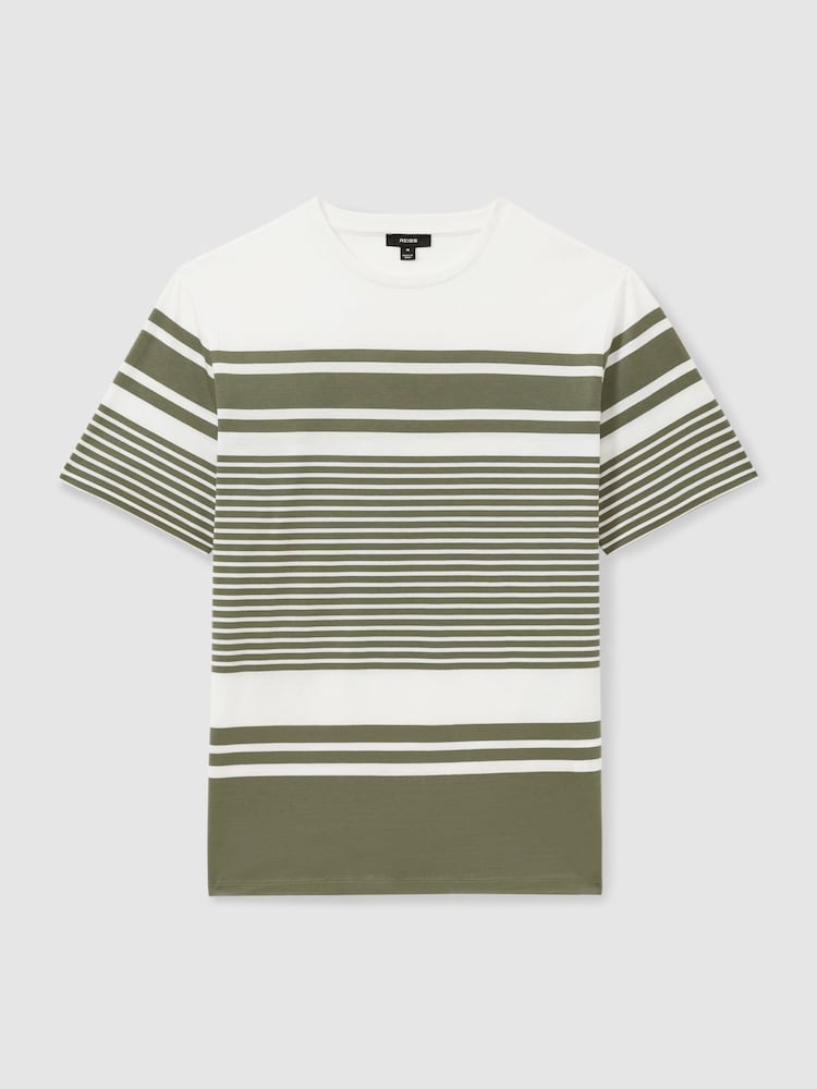 Reiss White/Sage Lory Mercerised Cotton Striped Crew Neck T-Shirt - Image 2 of 5