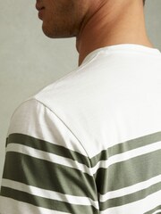 Reiss White/Sage Lory Mercerised Cotton Striped Crew Neck T-Shirt - Image 3 of 5