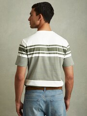 Reiss White/Sage Lory Mercerised Cotton Striped Crew Neck T-Shirt - Image 4 of 5