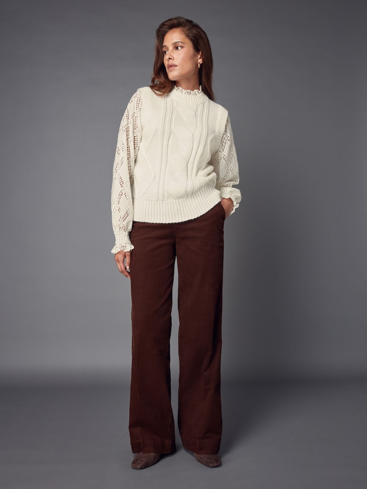 White Ecru High Neck Collar Lace Layer Cable Knitted Jumper - Image 3 of 8