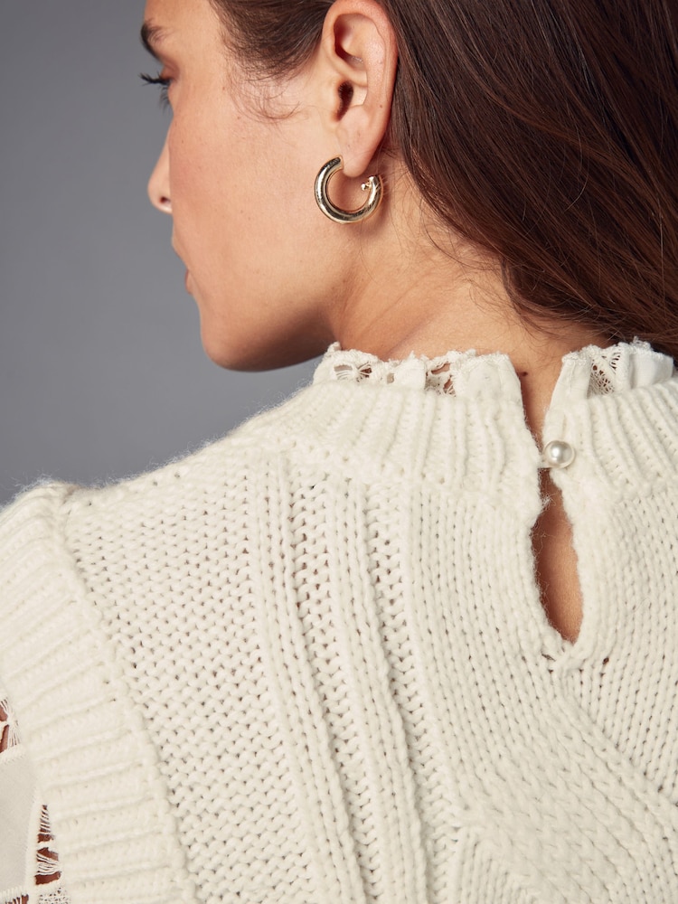 White Ecru High Neck Collar Lace Layer Cable Knitted Jumper - Image 5 of 8