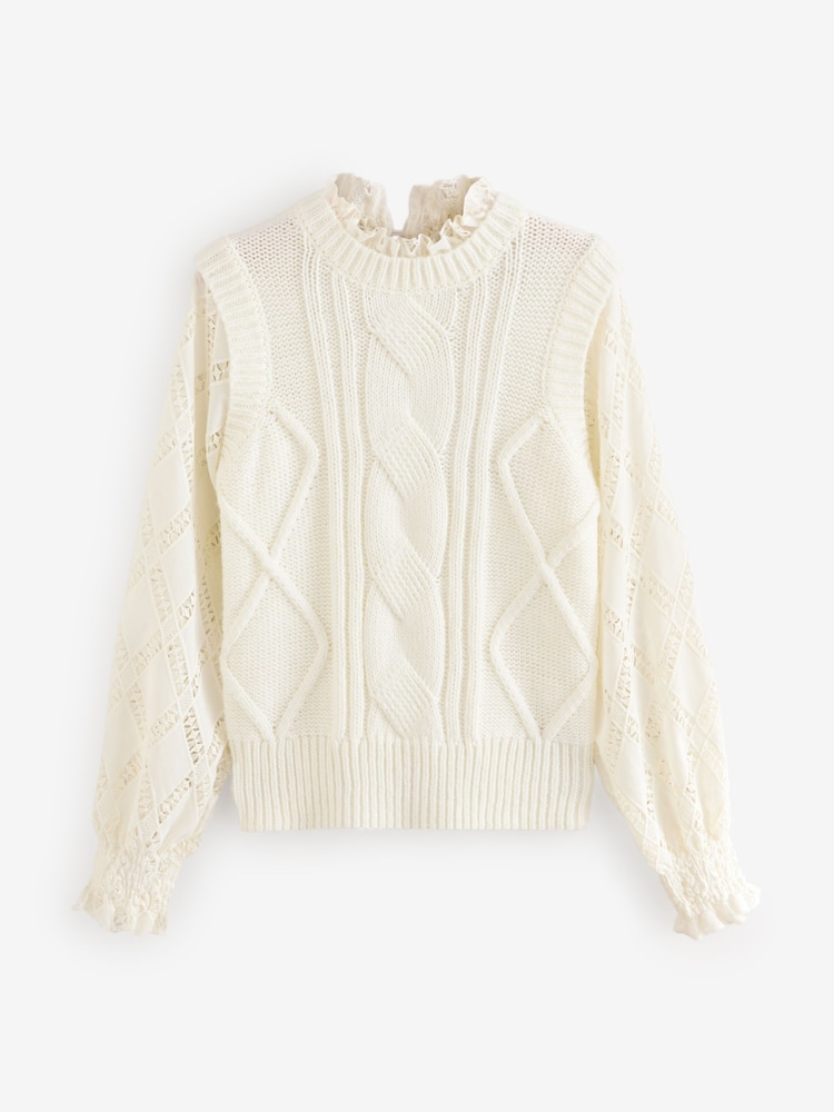 White Ecru High Neck Collar Lace Layer Cable Knitted Jumper - Image 6 of 8