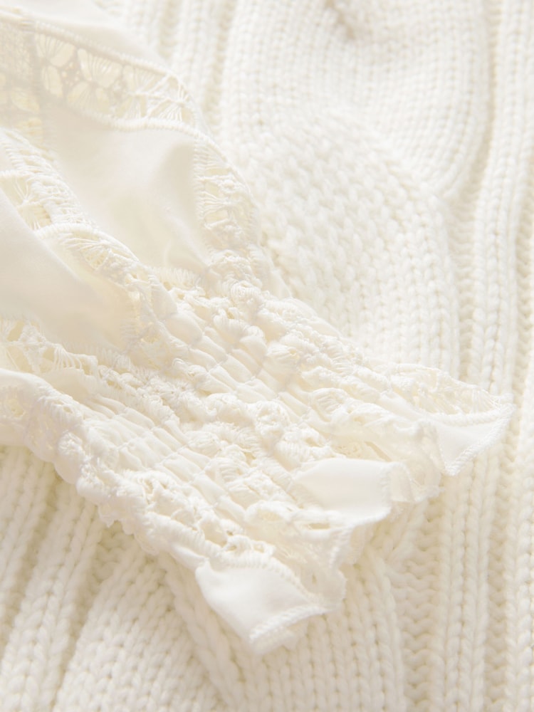 White Ecru High Neck Collar Lace Layer Cable Knitted Jumper - Image 7 of 8